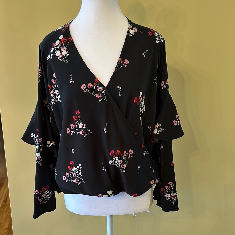 Floral Black Wrap Top